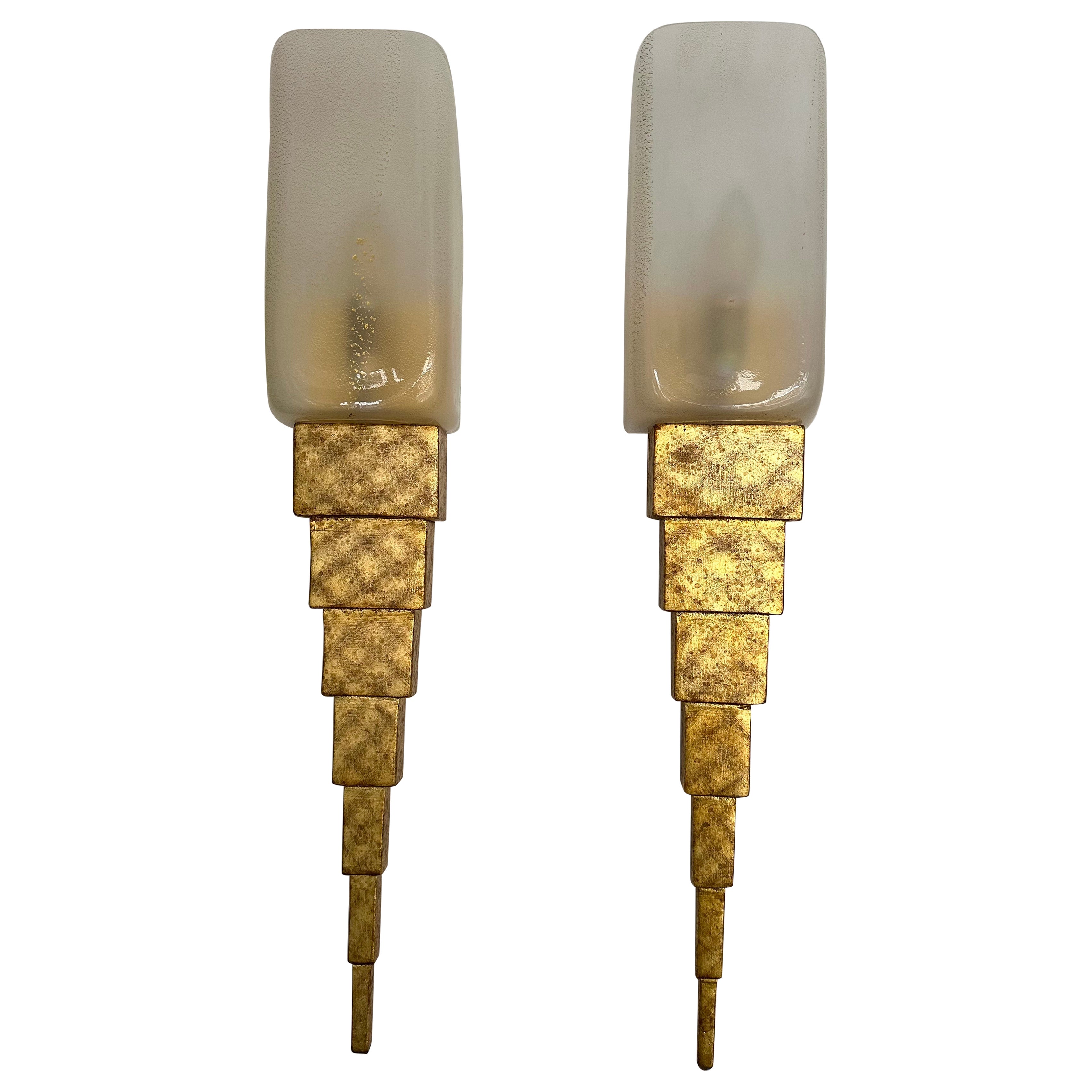 Pair of Gold Leaf Murano Glass and Gilt Wood Sconces by Terzani, Italy, 1990s