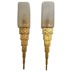 Pair of Gold Leaf Murano Glass and Gilt Wood Sconces by Terzani, Italy, 1990s