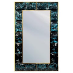 Specchio a blocco in vetro di Murano sfaccettato color verde acqua con finiture in ottone, realizzato su ordinazione