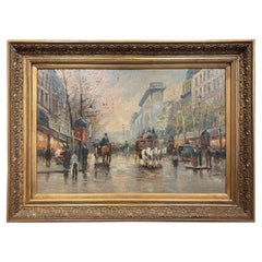 Scène parisienne française du milieu du siècle Huile sur toile dans un cadre doré sculpté