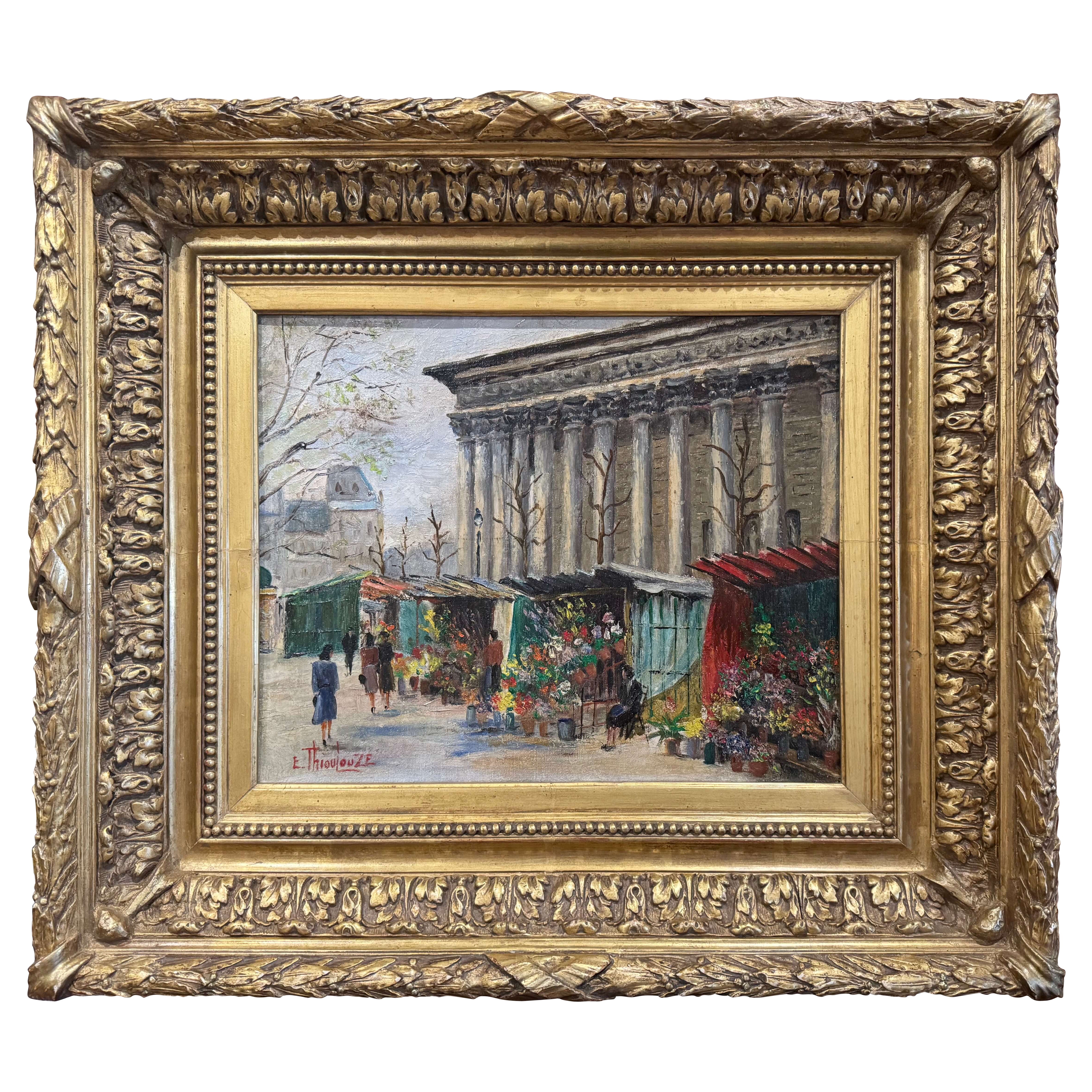 Cuadro francés del siglo XIX con escena parisina en marco dorado Firmado E. Thioulouze
