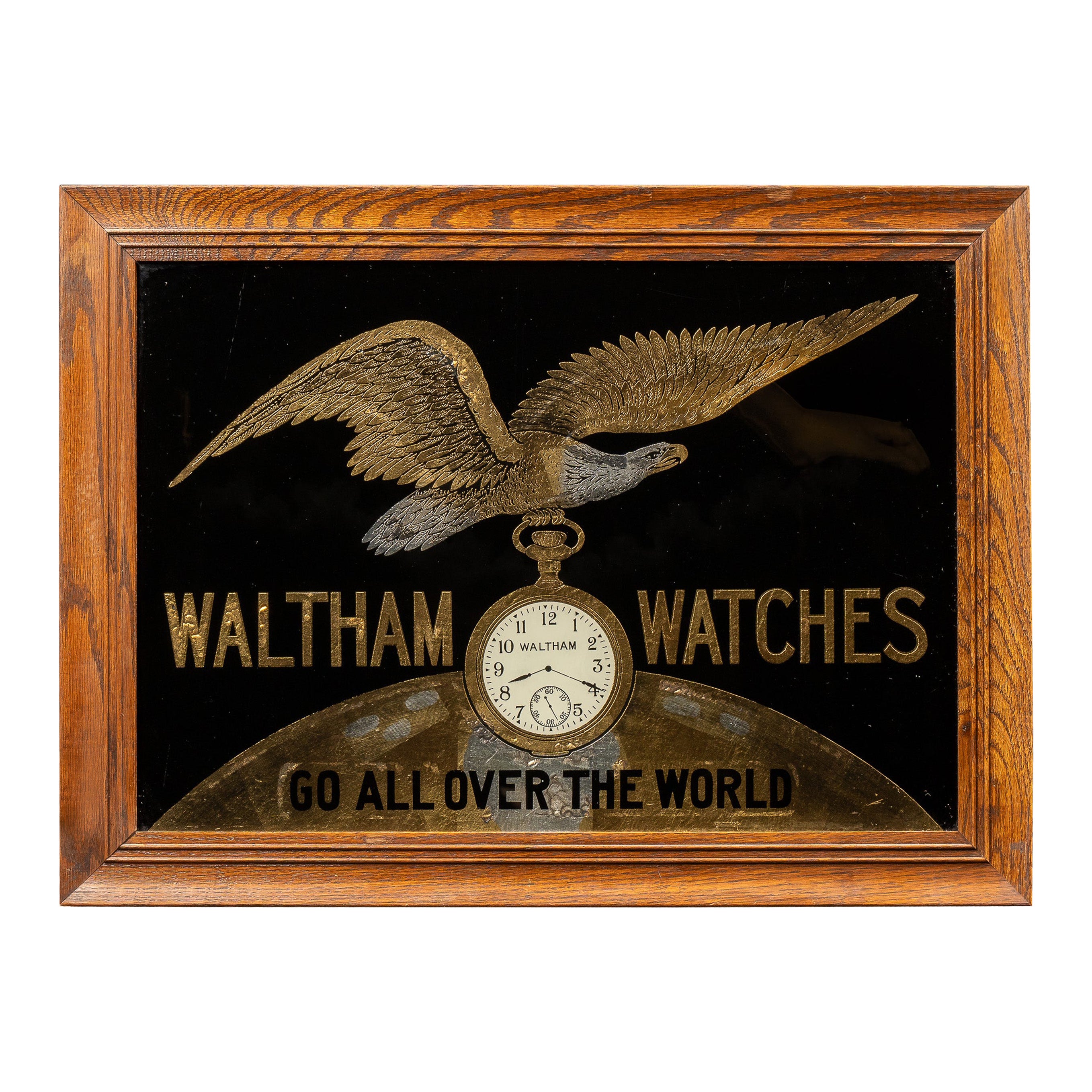 Early 20th Century Framed Reverse-Painted Waltham Watches Sign