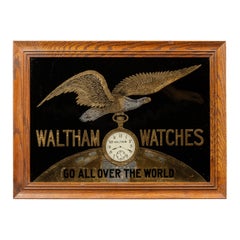 Antique Early 20th Century Framed Reverse-Painted Waltham Watches Sign