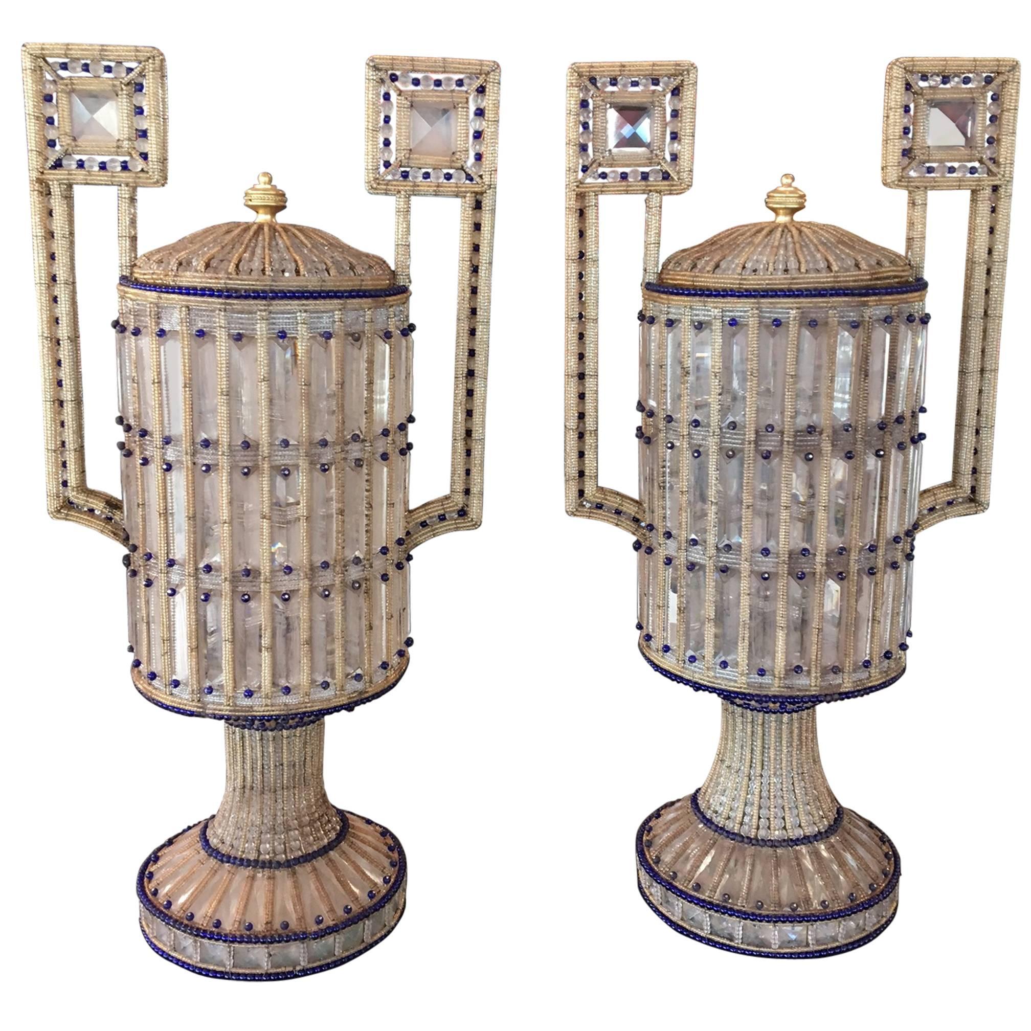 Rare and Beautiful Pair of Venetian Opaque Glass and Beaded Urns