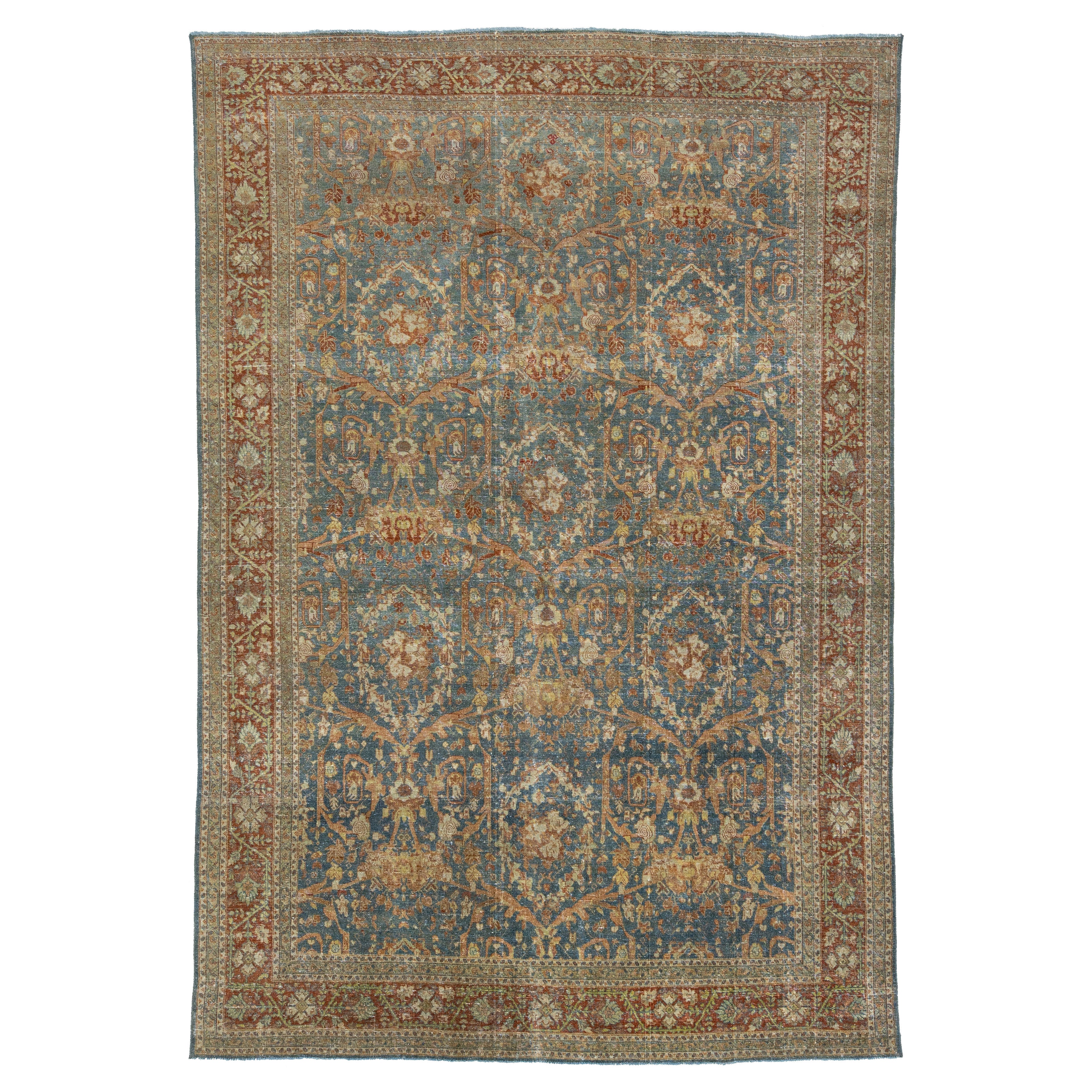 Antique Classic Persian Tabriz Wool Rug In Blue with Floral Pattern (Tapis persan classique en laine Tabriz en bleu avec motif floral)
