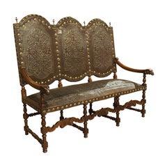 Antique Spanish Walnut and Embossed Leather Bench with Rams’ Heads, 19th Century