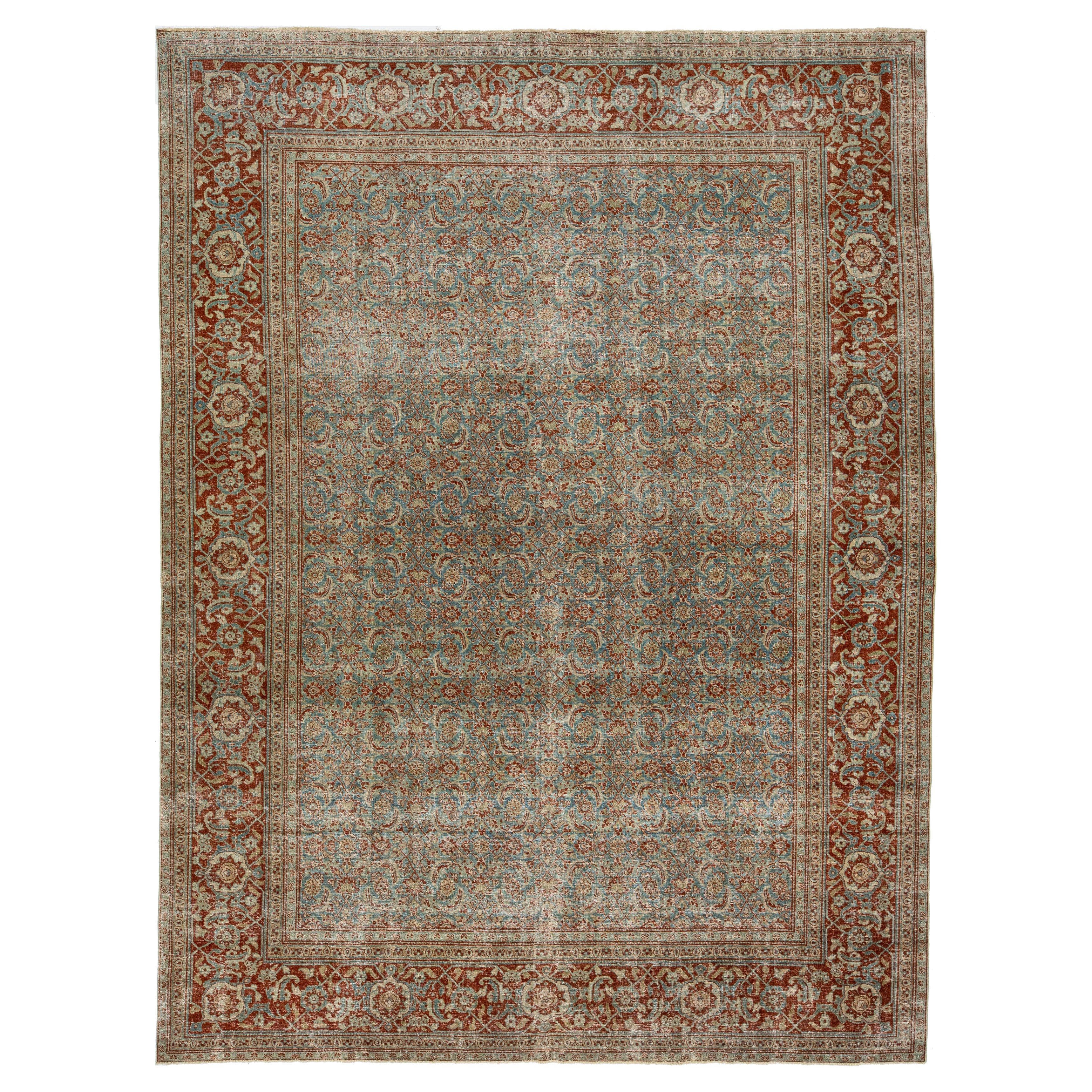 Alfombra persa antigua de lana con diseño floral Tabriz en azul