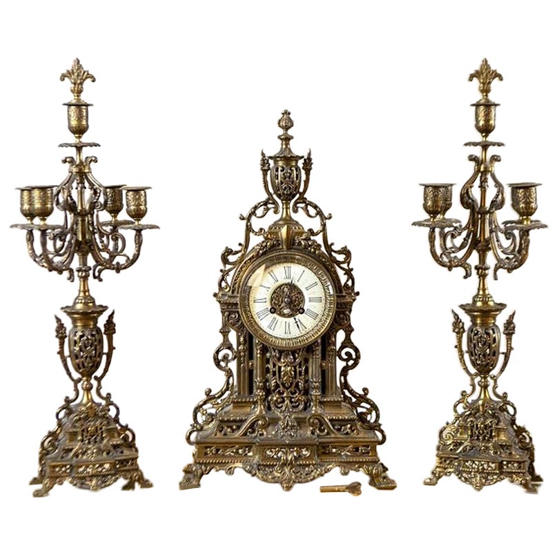 Unique French-Style Mantel Clock With Candelabras, Early 20th Century