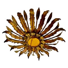 Large Spanish Sunburst Flush Mount in Gilt Metal with support, circa 1950