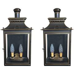 Pair of Two-Lights Tole Painted and Gold Leaf Lanterns