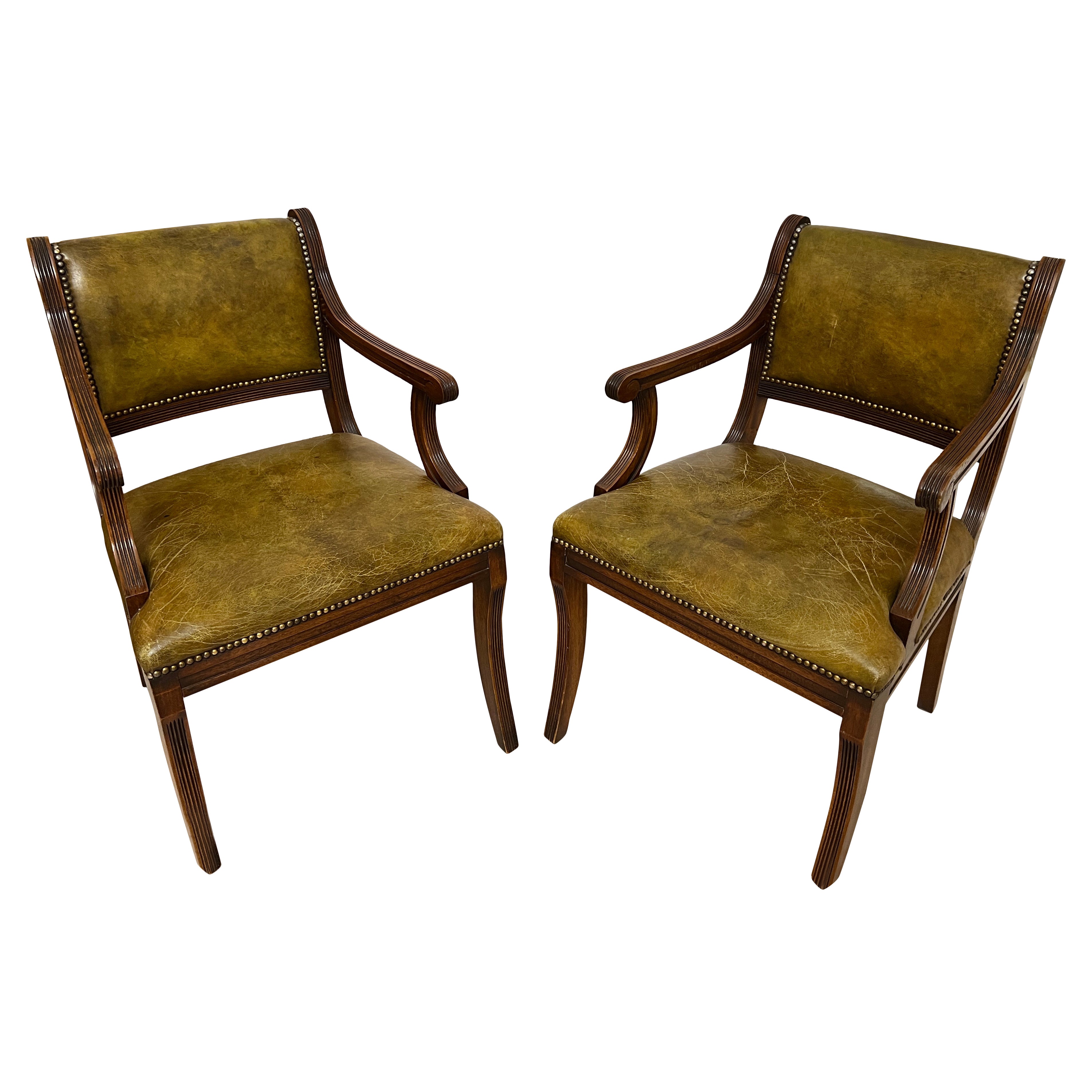 Set of 2 Vintage Green / Brown Leather Chesterfield / Chippendale Armchairs