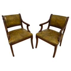 Set of 2 Vintage Green / Brown Leather Chesterfield / Chippendale Armchairs