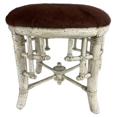 Vintage Chinese Chippendale coastal bamboo cowhide upholstery stool