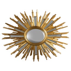 Mid-Century Modern Oval Gilded Sunburst Convex Mirror with Side Mirrors