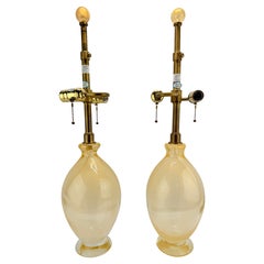 Pair, Italian Murano Aventurine Gold Fleck Table Lamps W/ Matching Finials