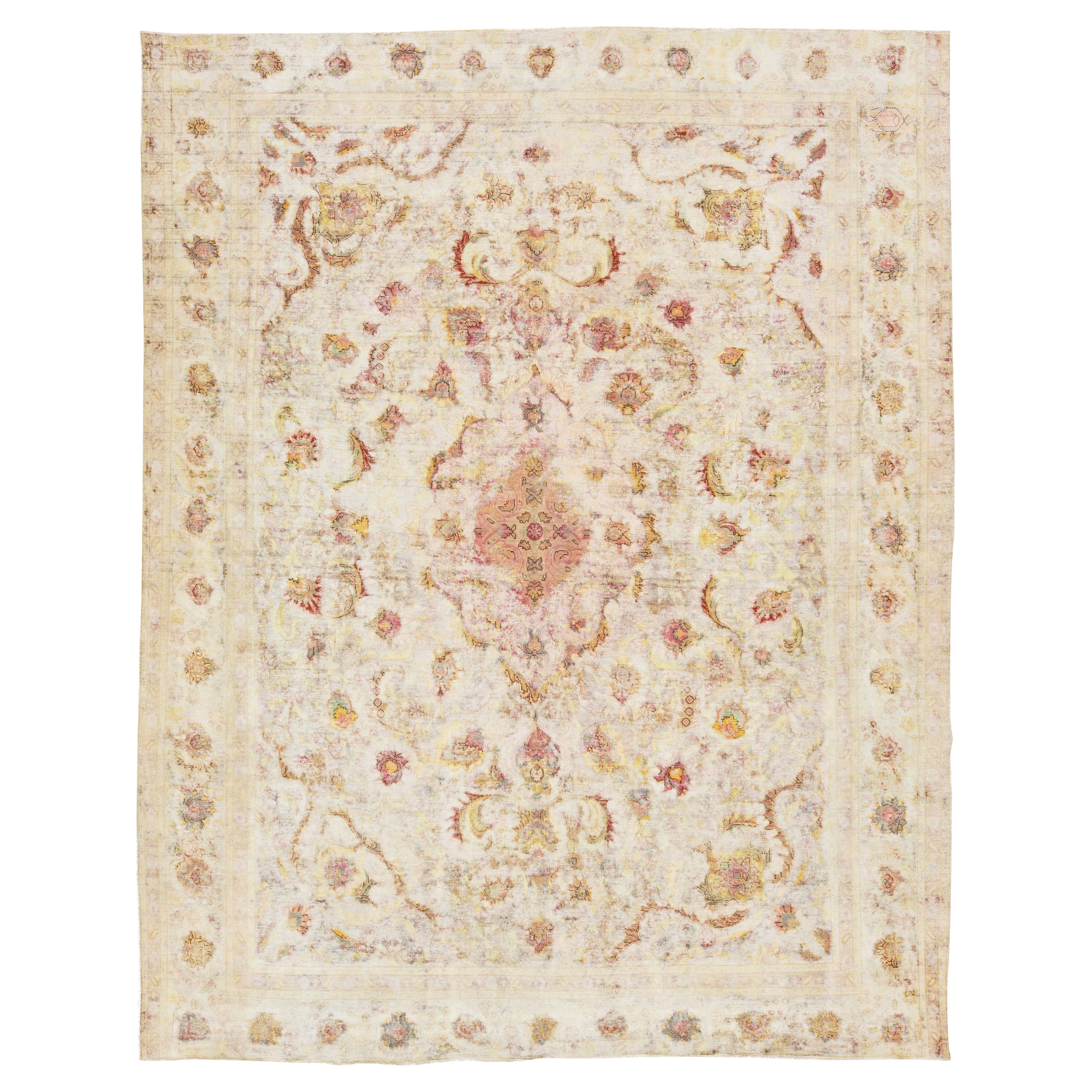 Antique Distressed Kerman Persian Wool Rug Handmade in Beige For Sale