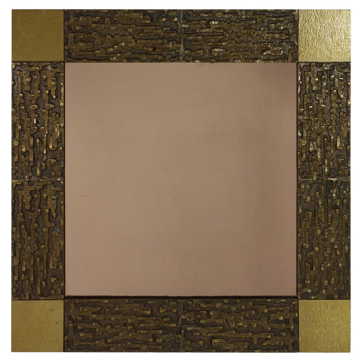 1970 Luciano Frigerio Escultura moderna italiana de bronce Espejo de pared cuadrado