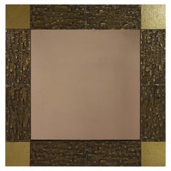 1970 Luciano Frigerio Specchio da parete quadrato con scultura d'arte moderna in bronzo