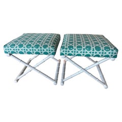 Vintage Par X Bancos Bambú Faux Metal Patio Recién Tapizados y Recubiertos de Polvo