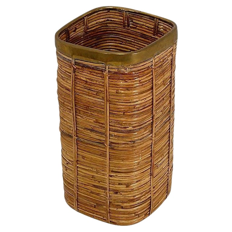 1970's Rattan and Brass Umbrella Stand - Italy