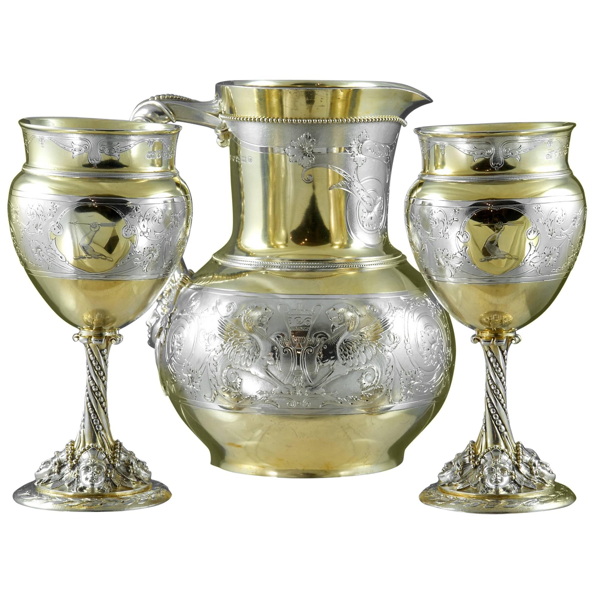 Fine Quality, Pacel-Gilt Sterling Silver Ewer and Pair of Goblets For Sale
