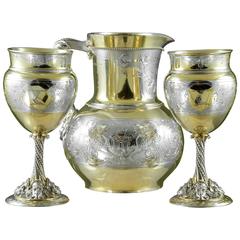 Fine Quality, Pacel-Gilt Sterling Silver Ewer and Pair of Goblets