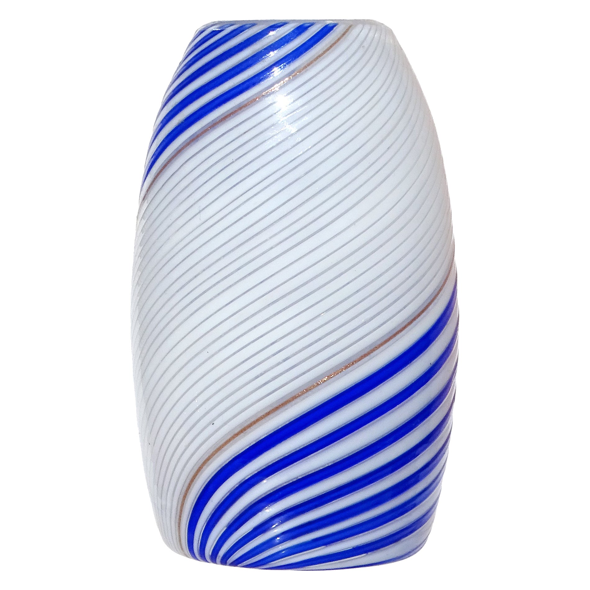 Dino Martens Murano 1950s Blue White Aventurine Italian Art Glass Flower Vase