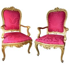 18th Century Pair of Large Italian Baroque Carved and Giltwood Armchairs