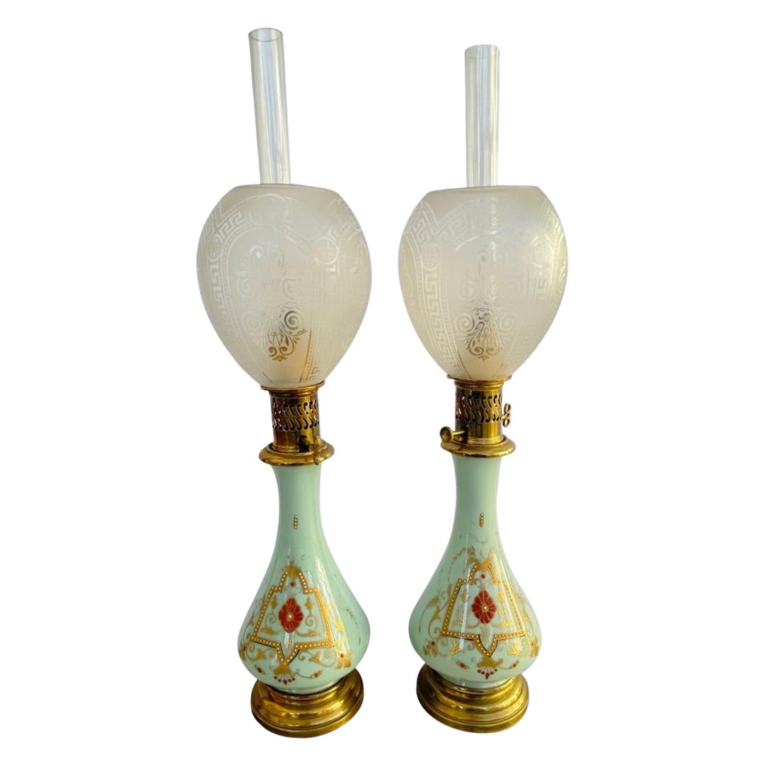 Pair of Antique Oil Lamps with Original Baccarat Frosted Glass Shades For Sale