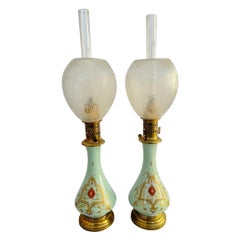 Pair of Antique Oil Lamps with Original Baccarat Frosted Glass Shades