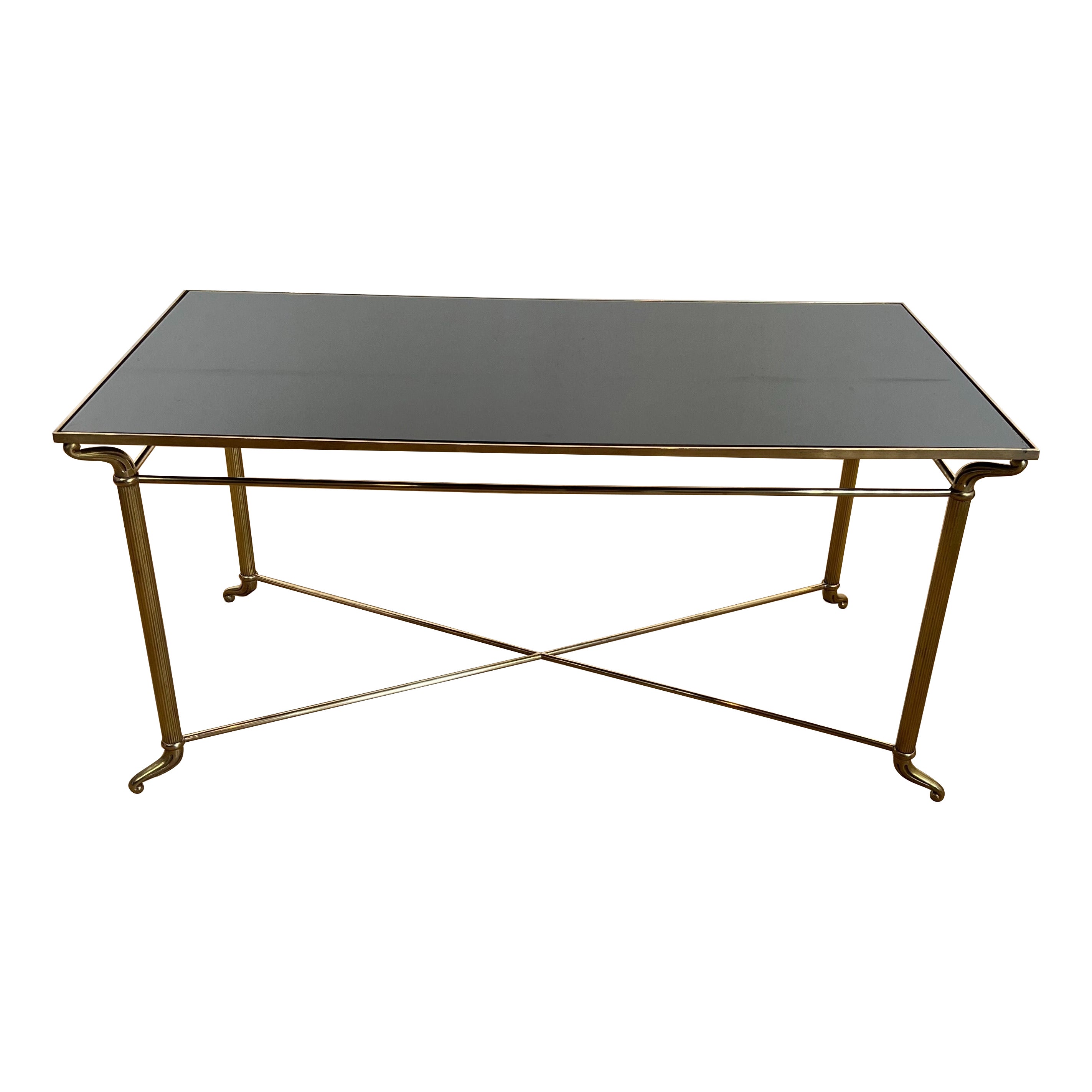 Brass Coffee table with Black Lacquered Glass Top in the style of Maison Jansen