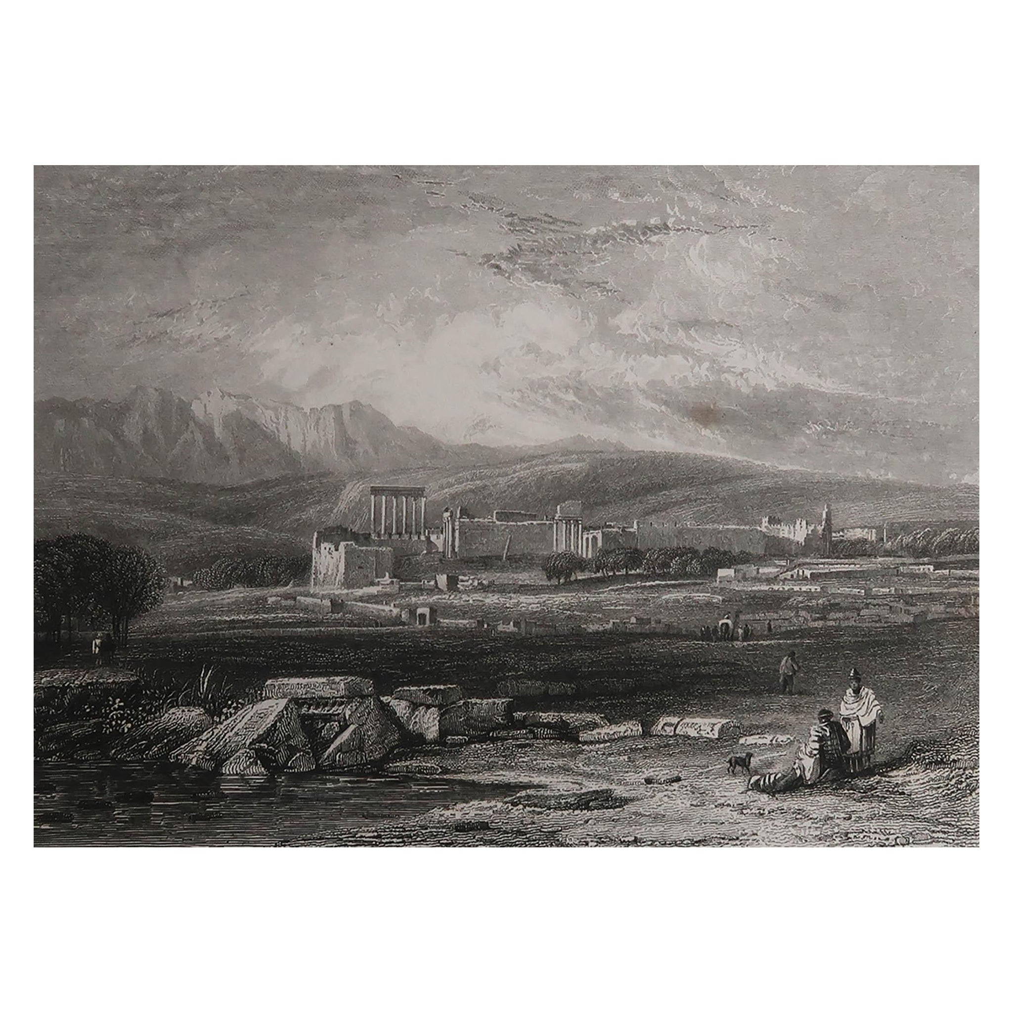 Stampa antica originale del Tempio di Baalbek, in Libano. Datato 1834