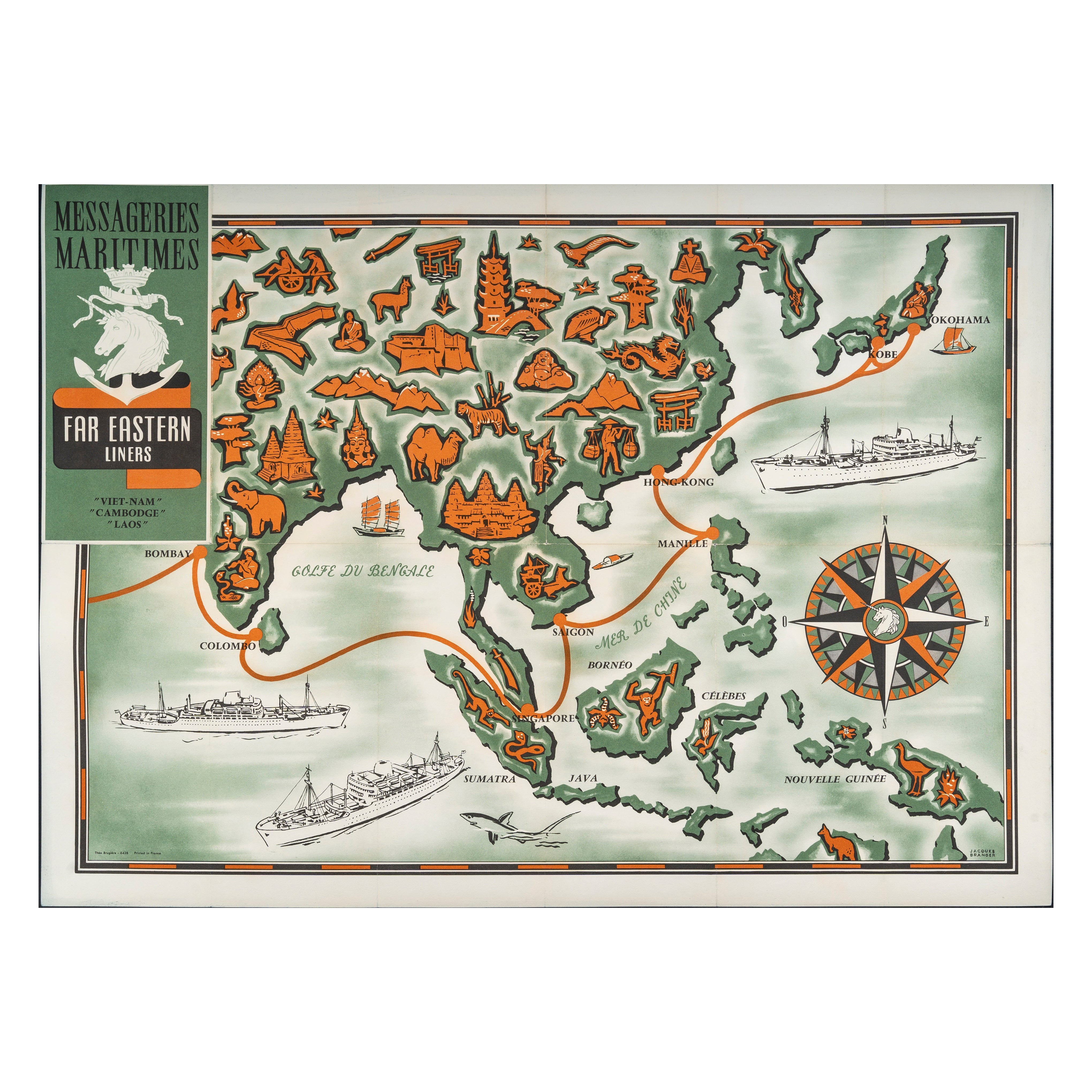 Branger, Original-Vintage-Karte, Messagerie Maritime, Vietnam, Laos, Kambodscha 1950 im Angebot