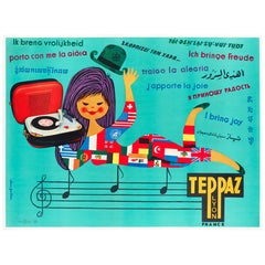 Póster Vintage Original, Tocadiscos Teppaz, Partición de Música, Bandera del Mundo 1960