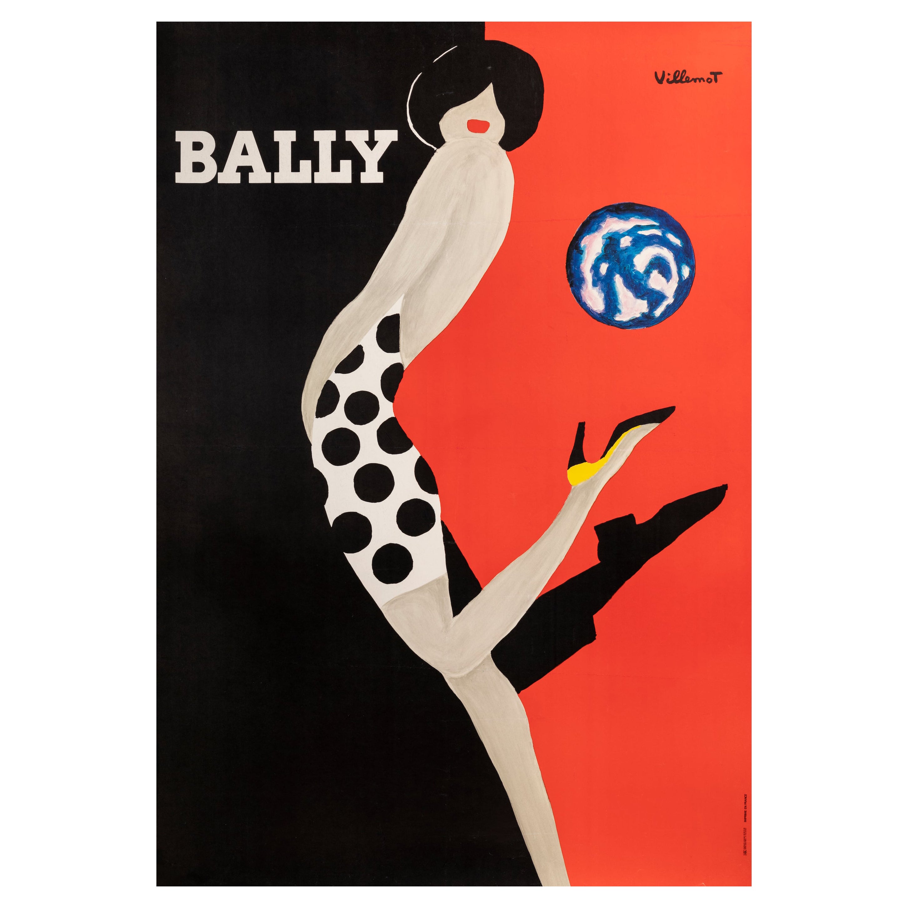 Villemot, Poster originale d'epoca, Scarpe Bally, Globe, Moda, Vestito da donna 1989