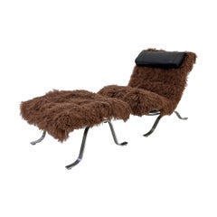 Arne Norell Ari Chair + Ottoman in Chocolate Mongolian Sheepskin, 1970's, Sweden