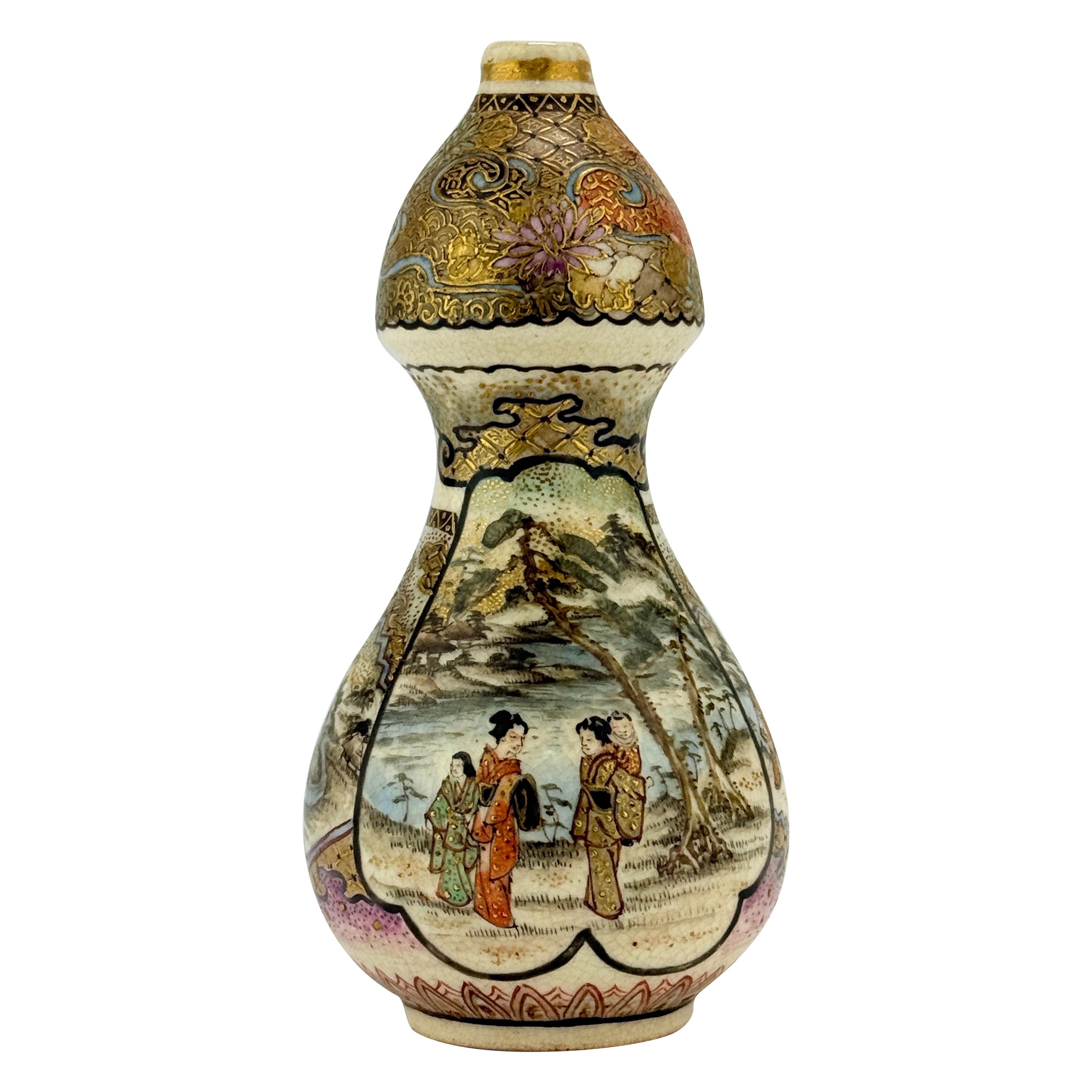Miniature Japanese Satsuma Porcelain Gourd Shaped Cabinet Vase Meiji Era