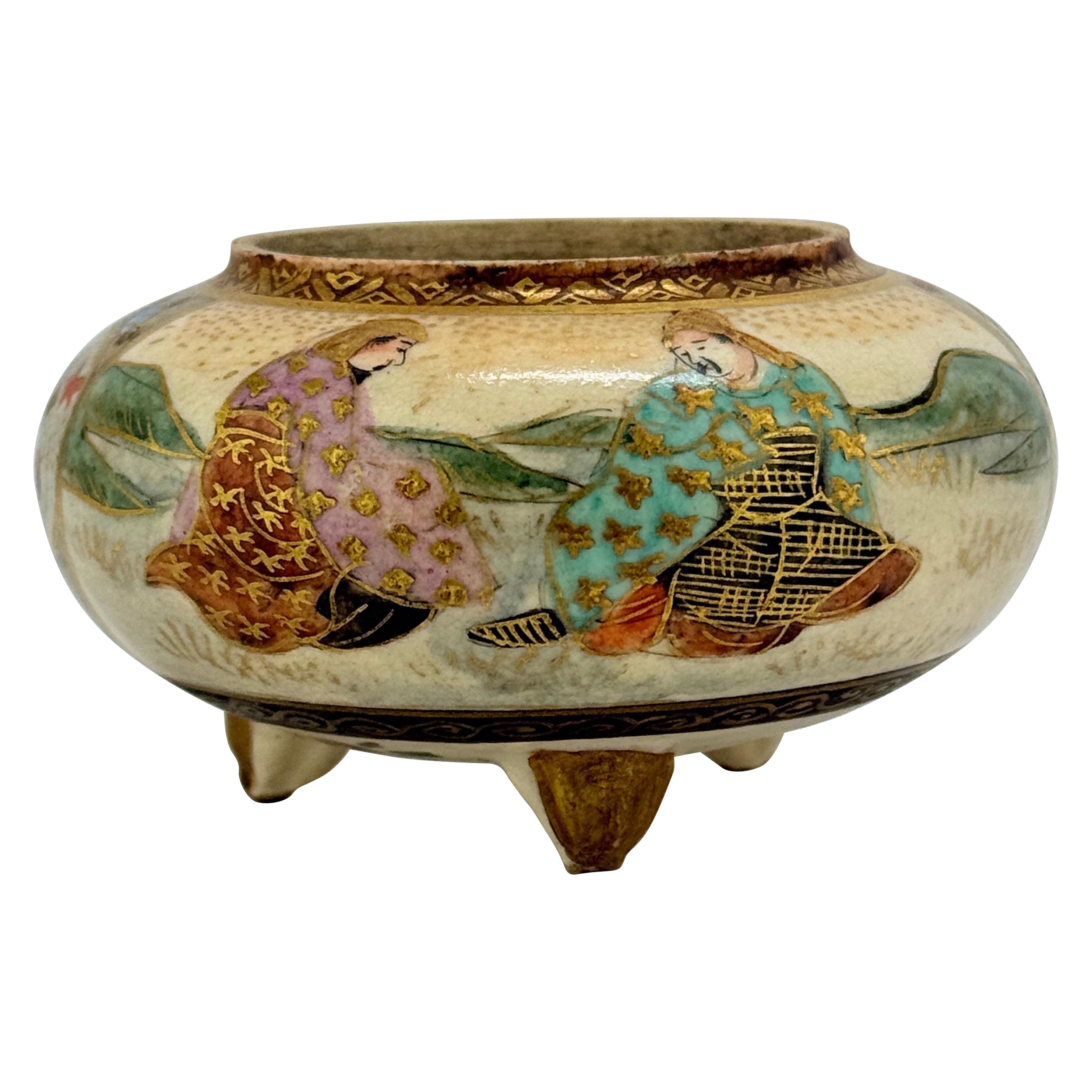 Miniature Japanese Satsuma Porcelain Samurai Motif Censor - Signed, Meiji Era