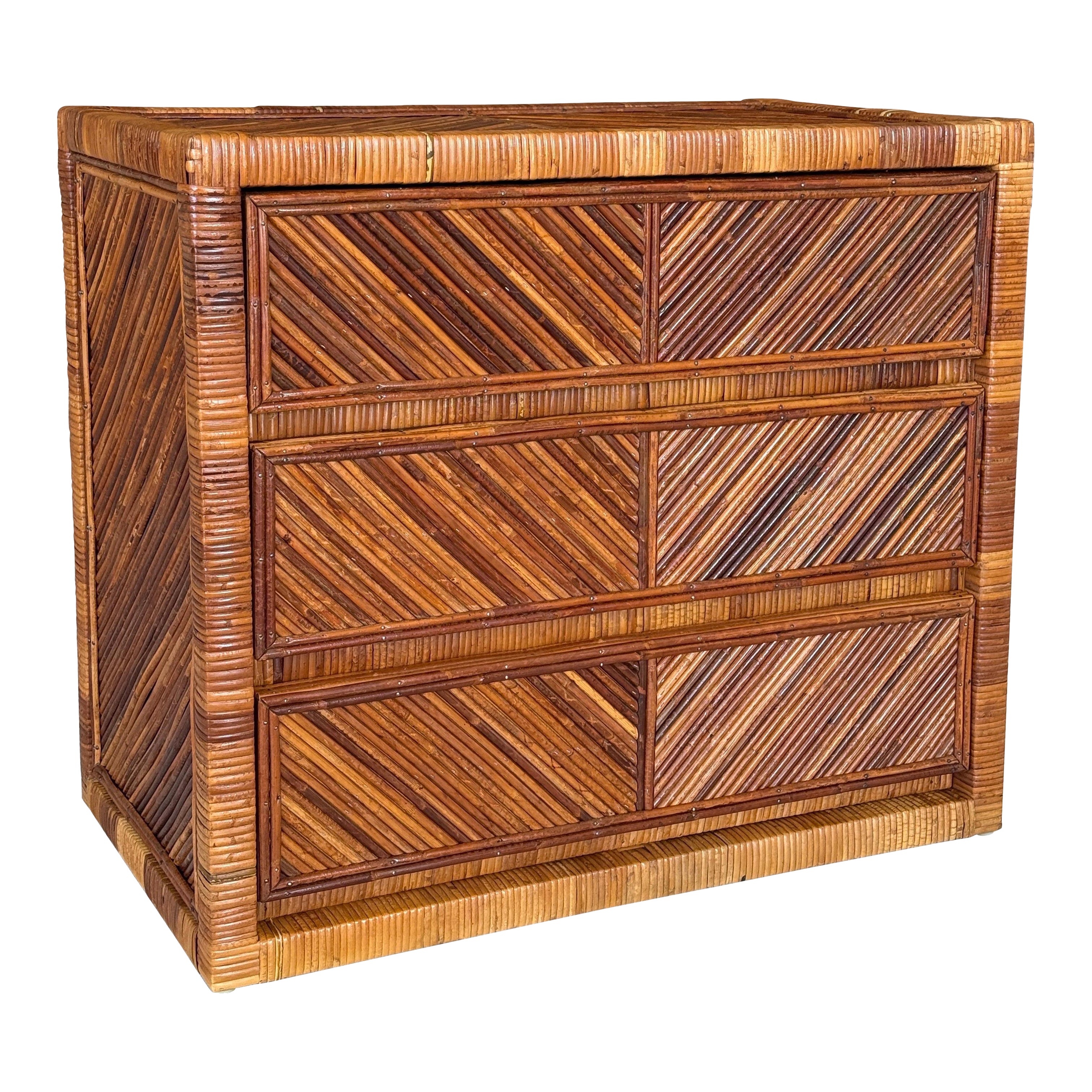 Mid-20th Century Organic Modern Pencil Reed Chevron Rattan Nightstand Chest For Sale