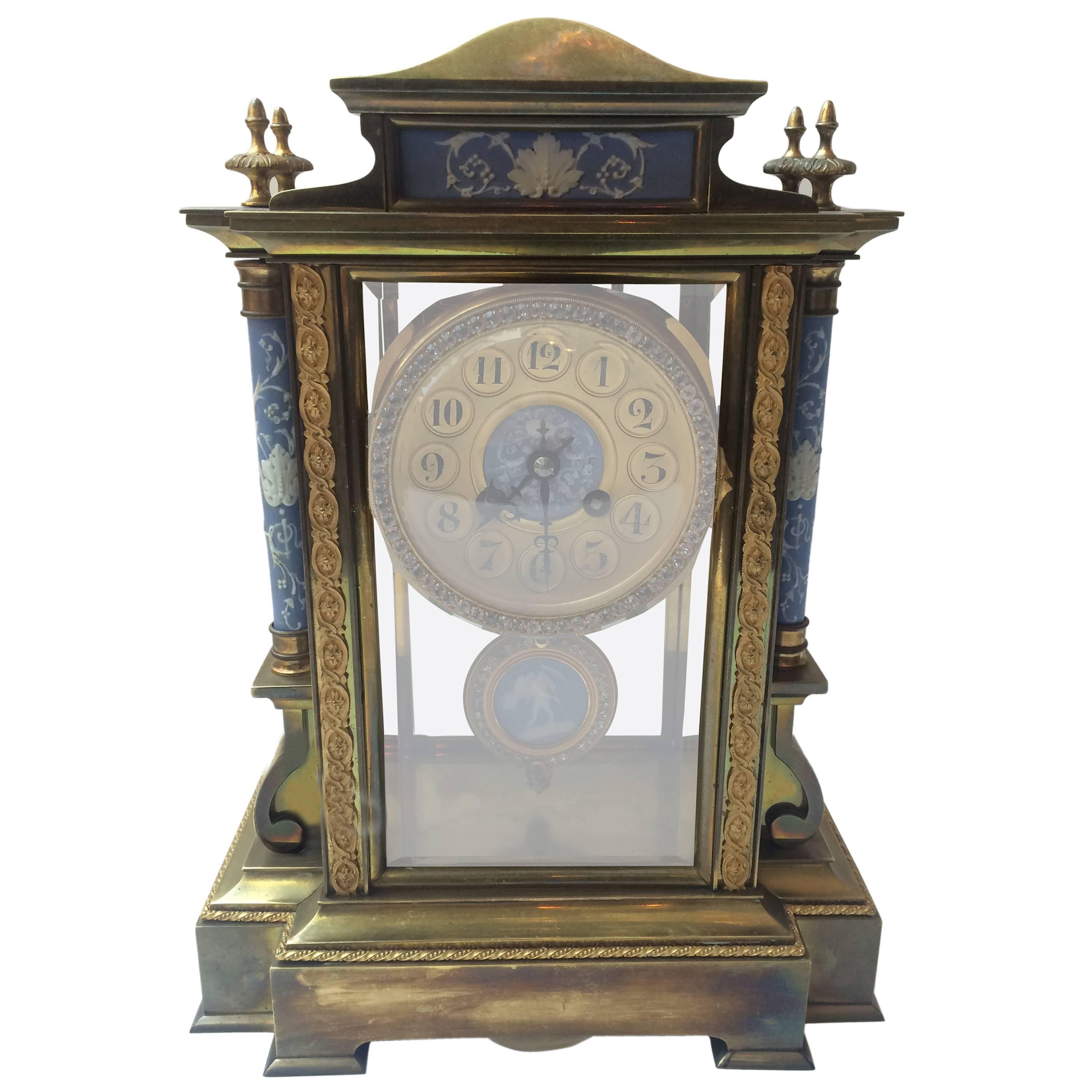 Japy Freres Bronze Mantle Clock with Porcelain Ornaments and Paste Jewels
