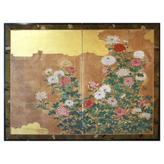 Two Panels Japanese Folding Screen Gold Leaf