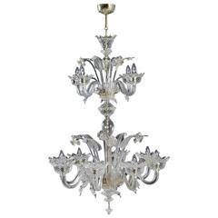Antique Magnificent Murano Chandelier with 12 Lights Gold Transparent Leaves and Flowers