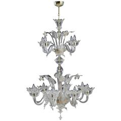 Magnificent Murano Chandelier with 12 Lights Gold Transparent Leaves and Flowers