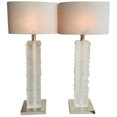 Pair of English Crystal Frosted Glass Strata Column Porta Romana Table Lamps