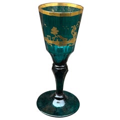 French 18th Century Emerald Green Gilt Faceted Wine Glass