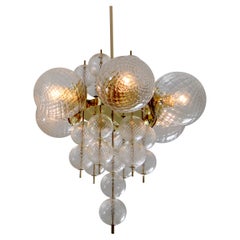 Mid-Century Chandelier with Brass Fixture & Structured Glass Globes By Preciosa