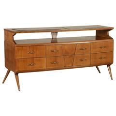 Vintage Chest of Drawers, Walnut Veneer, Back-Painted Glass, Brass Handles, Italy, 1950s