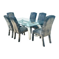 1970s Faux Elephant Skin Chairs and Brass Resin Tusk Dining Table, Set of 7