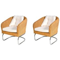 Mid-Century Wicker and Chrome Barrel Chairs