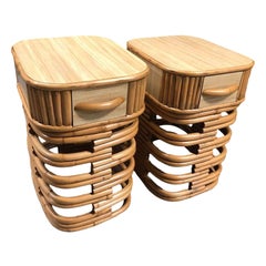 Restored Modernist Stacked Rattan Nightstand Side Table w/ Formica Top, Pair
